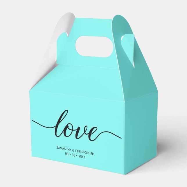 Teal Blue Custom Elegant love script Wedding Favour Box (Front Side)