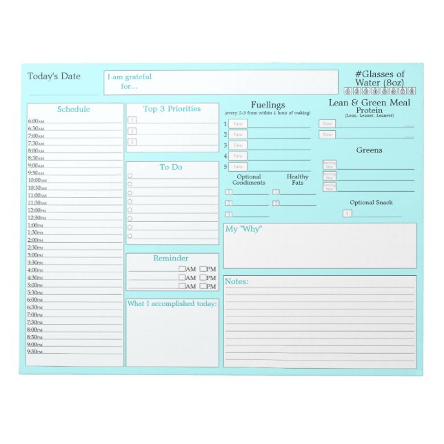 Teal Blue | Daily Planner | 5 and 1 Food Journal Notepad (Front)