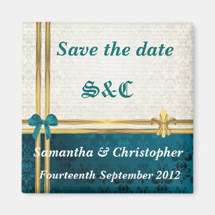 teal blue damask and gold ribbon save the date magnet