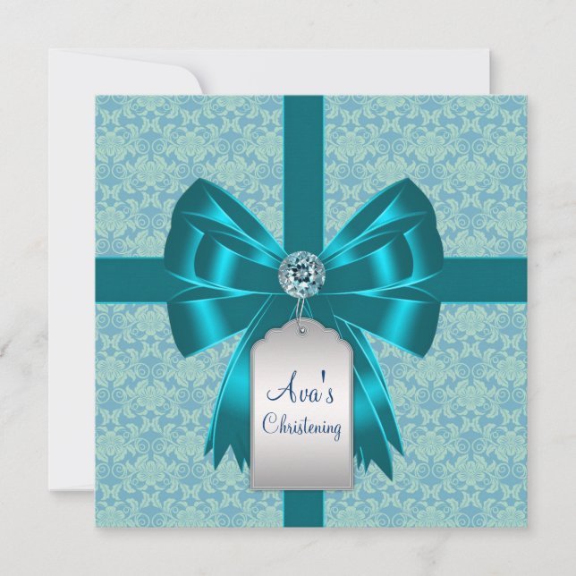 Teal Blue Damask Baby Baptism Christening Invitation (Front)