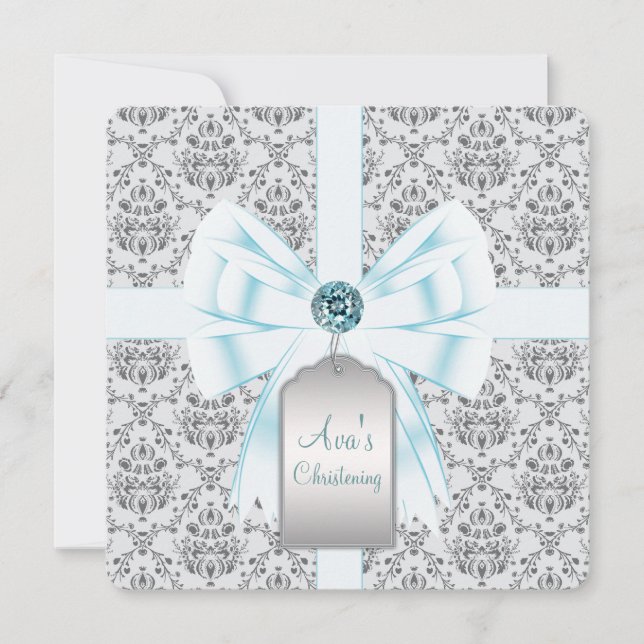 Teal Blue Damask Baby Baptism Christening Invitation (Front)