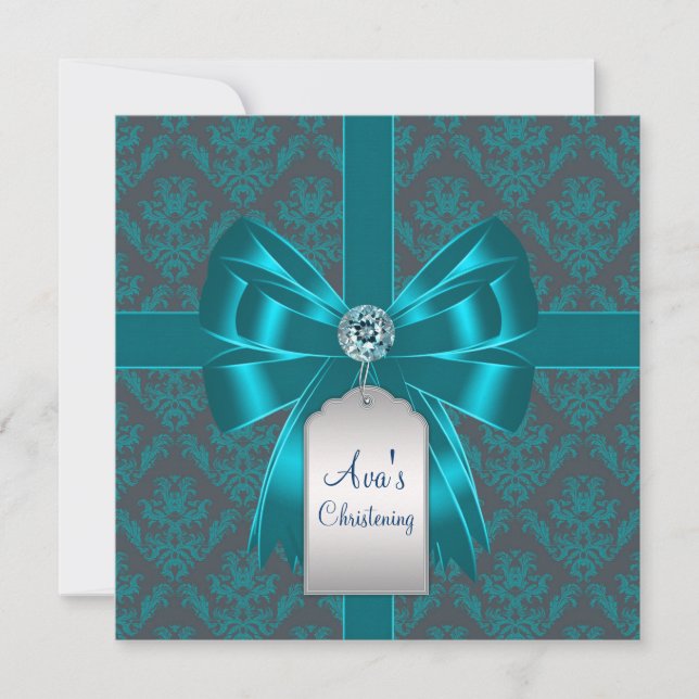 Teal Blue Damask Baby Baptism Christening Invitation (Front)