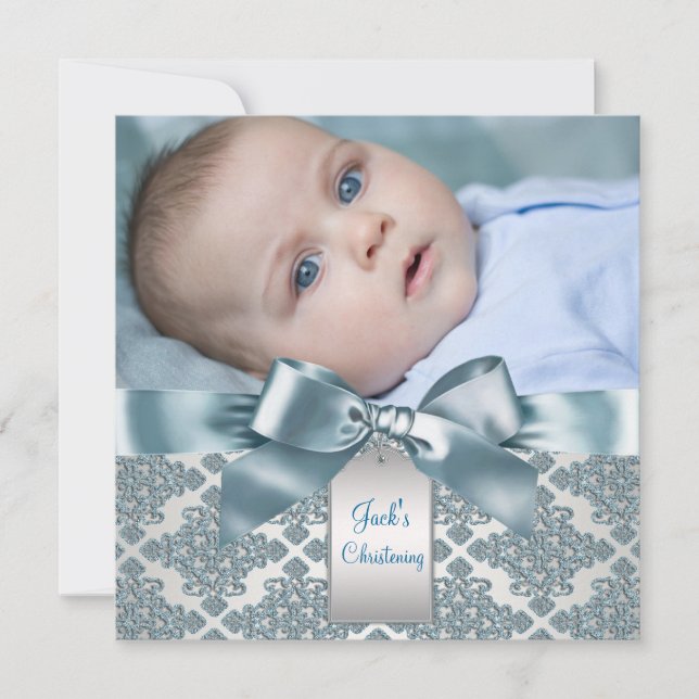 Teal Blue Damask Baby Boy Photo Christening Invitation (Front)