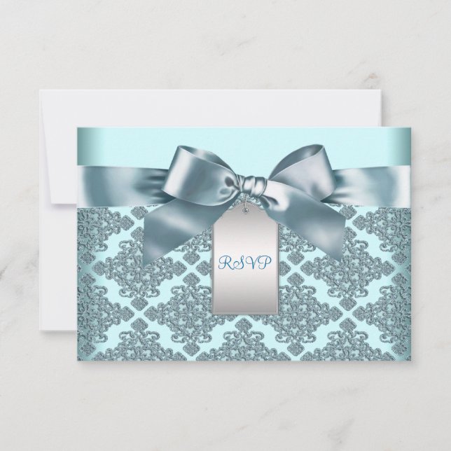 Teal Blue Damask Baptism Christening RSVP (Front)