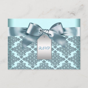 Teal Blue Damask Baptism Christening RSVP Card