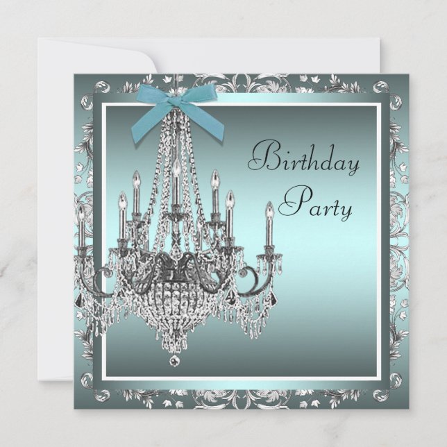 Teal Blue Damask Chandelier Birthday Party Invitation (Front)