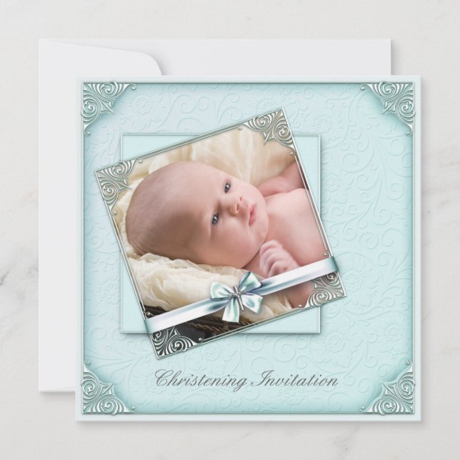 Teal Blue Damask Girl Photo Christening Invitation (Front)