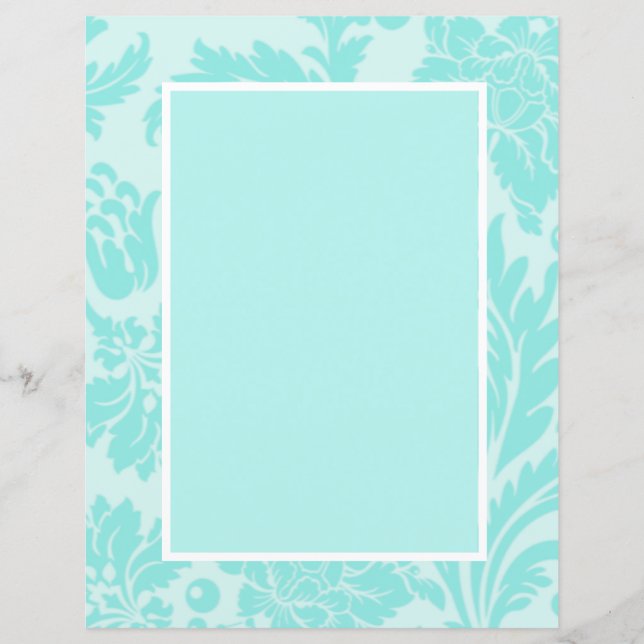 Teal blue damask pattern stationary paper  (Front)