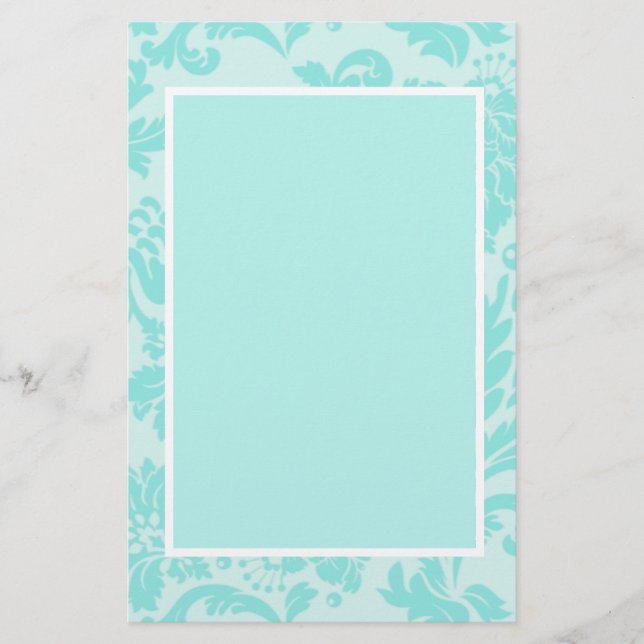 Teal blue damask pattern stationary paper  (Front)