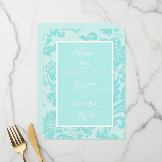 Teal blue damask pattern wedding flat menu (Front/Back In Situ)