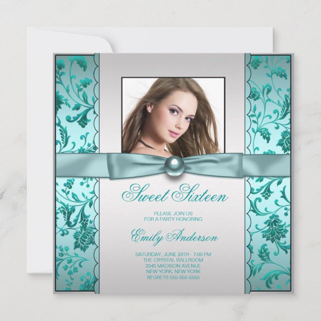 Teal Blue Damask Photo Sweet Sixteen Birthday Invitation (Front)