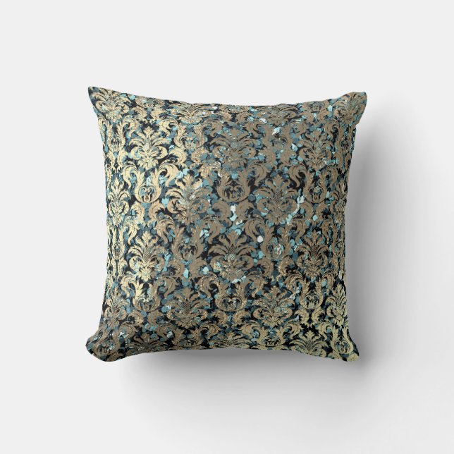 Teal Blue Damask Pink Rose Blush Sequin Faux Gold Cushion (Front)