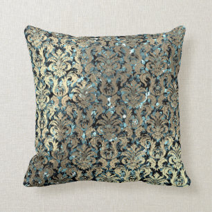 Teal Blue Damask Pink Rose Blush Sequin Faux Gold Cushion