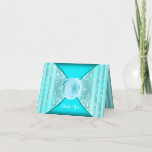 Teal Blue Damask Rose Thank You Card
