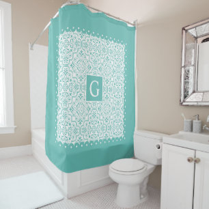 Teal blue damask, scalloped borders with monogram shower curtain