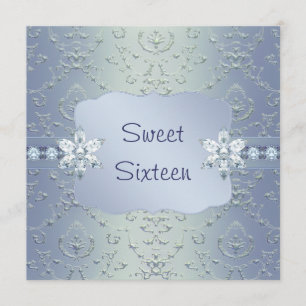 Teal Blue Damask Shimmer Sweet Sixteen Invitation