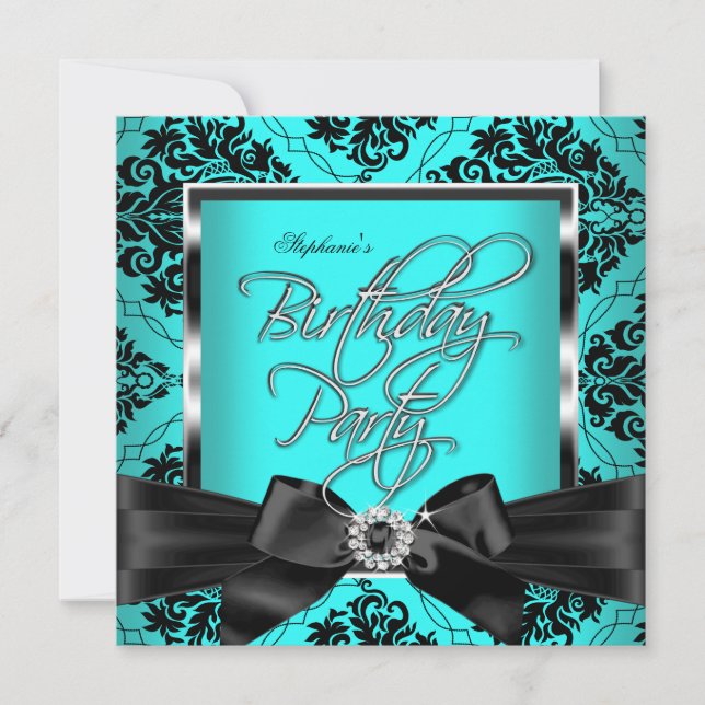 Teal Blue Damask Silver Black Birthday Party Invitation (Front)