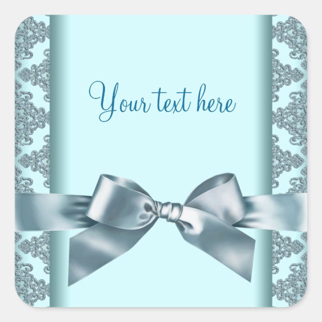 Teal Blue Damask Square Sticker (Front)