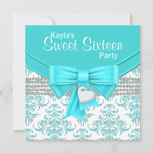 Teal Blue Damask Sweet 16 Party Invitation (Front)