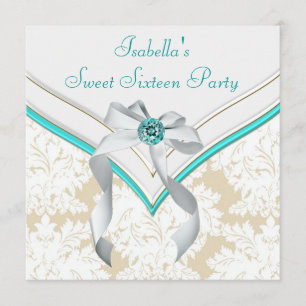 Teal Blue Damask Sweet 16 Party Invitation