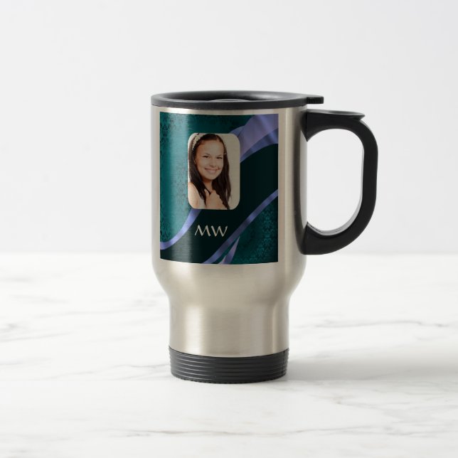 Teal blue damask swirl travel mug (Right)