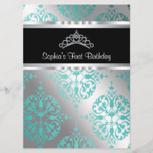 Teal Blue Damask Tiara Princess First Birthday Par Invitation