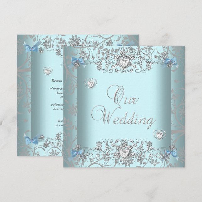 Teal Blue Damask Wedding Silver Diamond Hearts Invitation (Front/Back)