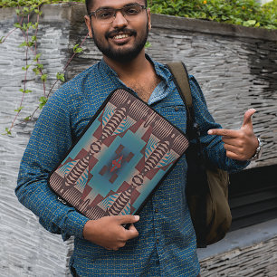 Teal Blue Dark Burgundy Red Tribal Mosaic Pattern Laptop Sleeve