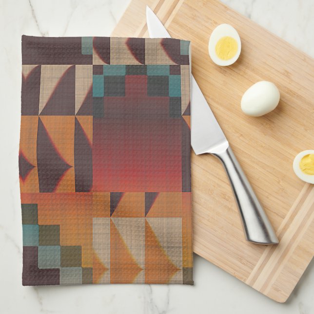 Teal Blue Dark Red Beige Brown Orange Tribal Art Tea Towel (Quarter Fold)
