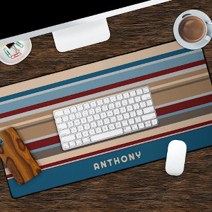Teal Blue Dark Red Neutral Beige Brown Art Stripes Desk Mat