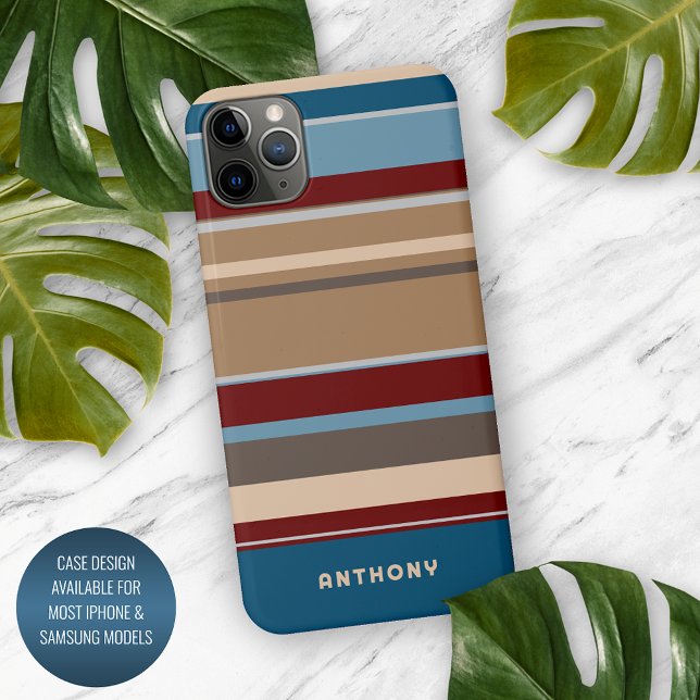 Teal Blue Dark Red Neutral Beige Brown Art Stripes iPhone Case (Creator Uploaded)