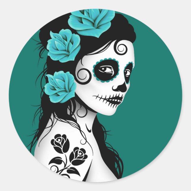 Teal Blue Day of the Dead Sugar Skull Girl Classic Round Sticker (Front)