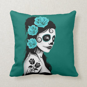 Teal Blue Day of the Dead Sugar Skull Girl Cushion