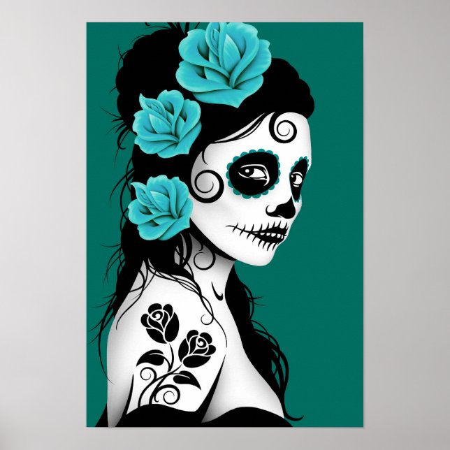 Teal Blue Day of the Dead Sugar Skull Girl Poster (Front)