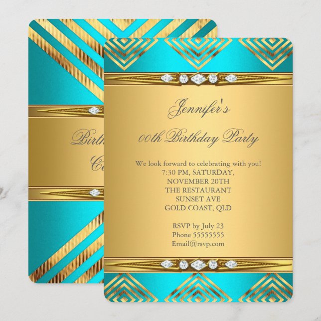 Teal Blue Deco Stripe Gold Diamond Party Invitation (Front/Back)
