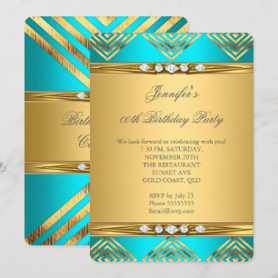 Teal Blue Deco Stripe Gold Diamond Party Invitation
