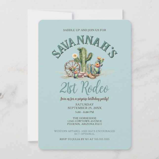 Teal Blue Desert Cowgirl Rodeo Birthday Party Invitation (Front)