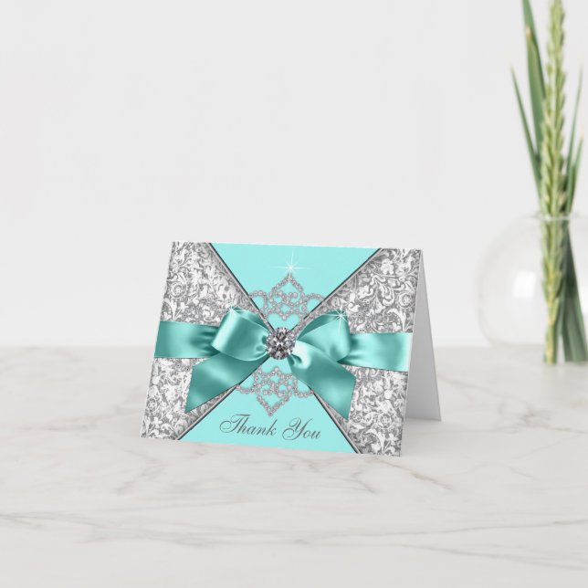 Teal Blue Diamond Bow Thank You Card (Front)