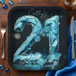 Teal Blue Diamond Crystal 21st Birthday Black Paper Plate<br><div class="desc">Celebrate the big milestone in sparkling style with these Teal Blue Diamond Crystal 21st Birthday Paper Plates. Perfect for a coming-of-age celebration, this design features a stunning, large number "21" rendered in a faceted, geometric gemstone style that looks like blue ice or turquoise crystal. The number 21 takes center stage...</div>