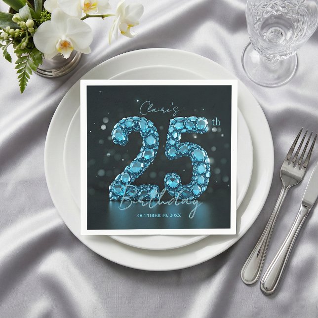 Teal Blue Diamond Gemstone Glam 25th Birthday Napkin (Creator Uploaded)