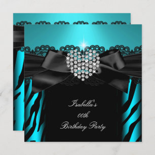 Teal Blue Diamond Heart Zebra Birthday Party 2 Invitation
