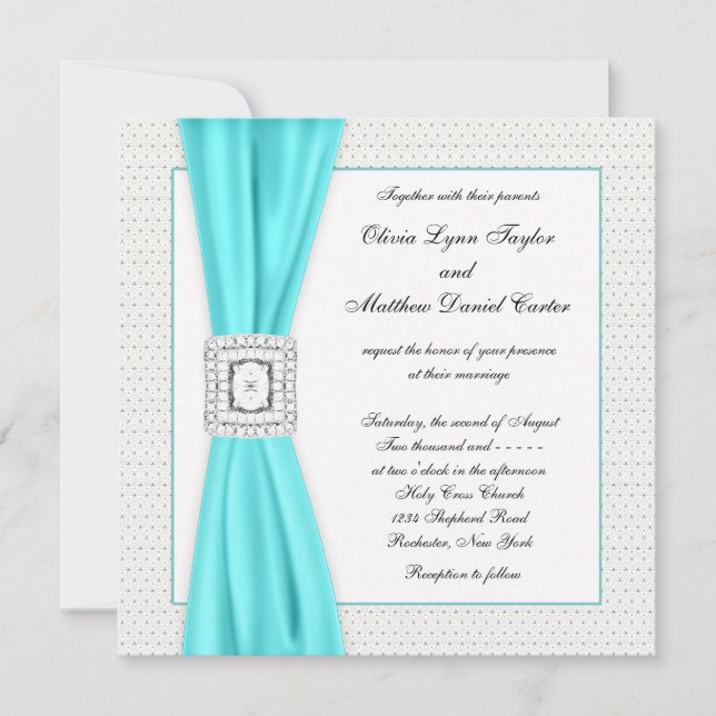 Teal Blue Diamond Ivory Wedding Invitation (Front)