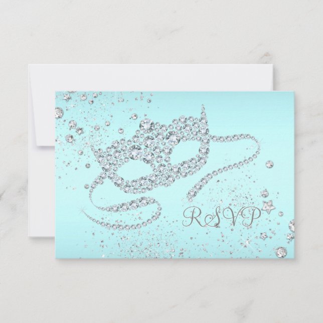 Teal Blue Diamond Mask Masquerade Party RSVP (Front)