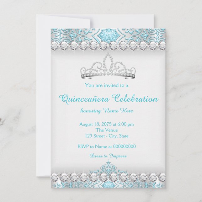 Teal Blue Diamond Tiara Princess Quinceanera Invitation (Front)