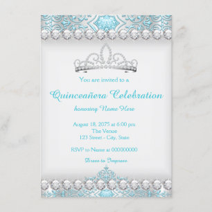 Teal Blue Diamond Tiara Princess Quinceanera Invitation