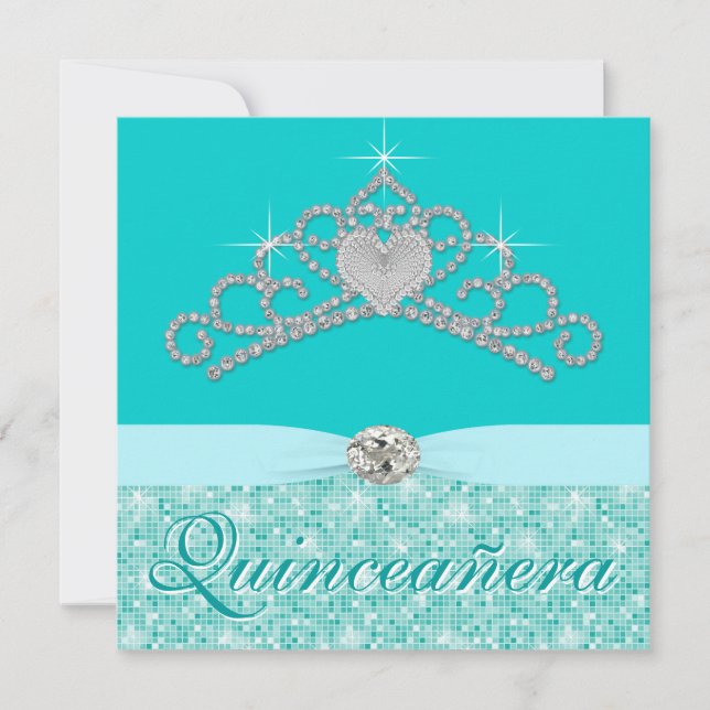 Teal Blue Diamond Tiara Teal Blue Quincenera Invitation (Front)