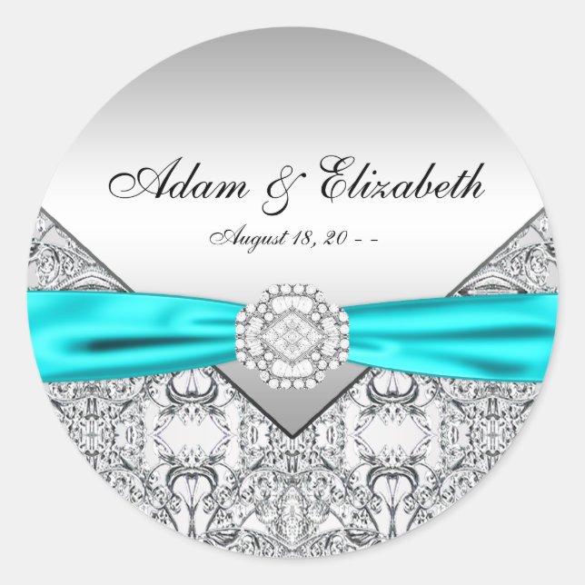 Teal Blue Diamond Wedding Classic Round Sticker (Front)