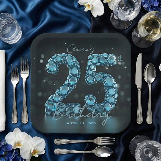 Teal Blue Diamonds Glamorous 25th Birthday Party Paper Plate (Creator Uploaded)
