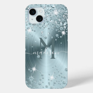 Teal Blue Diamonds - Personalized iPhone 15 Mini Case