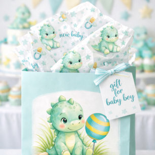 Teal Blue Dinosaur Pattern Teal and White Tissue Paper